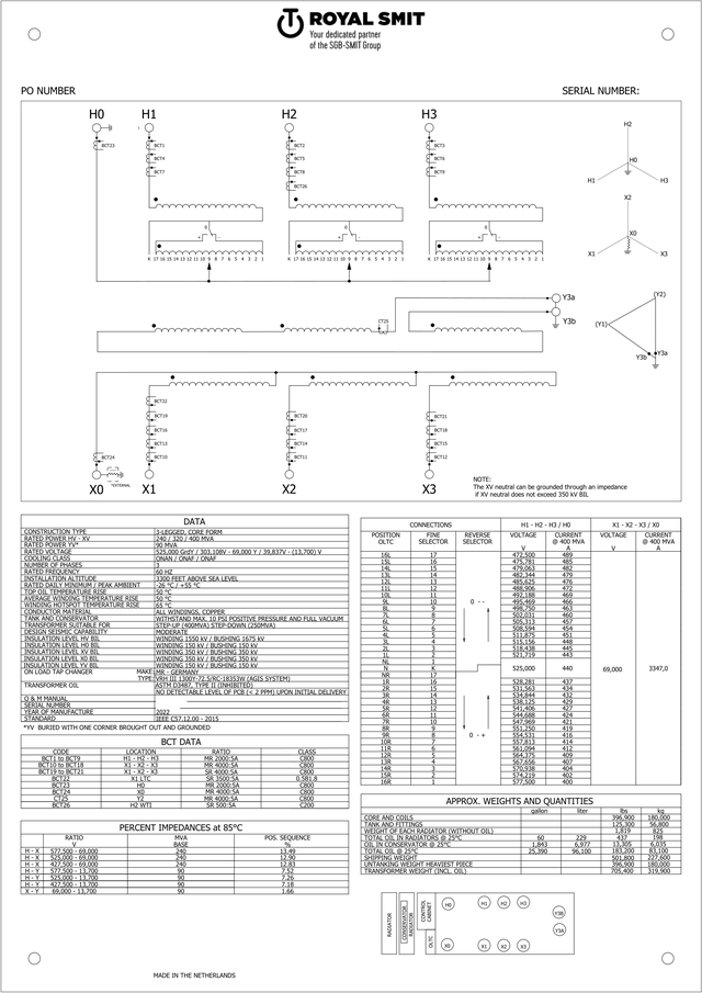 Royal SMIT nameplate drawing showing 240/320/400 MVA and a 250 MVA step-down limit